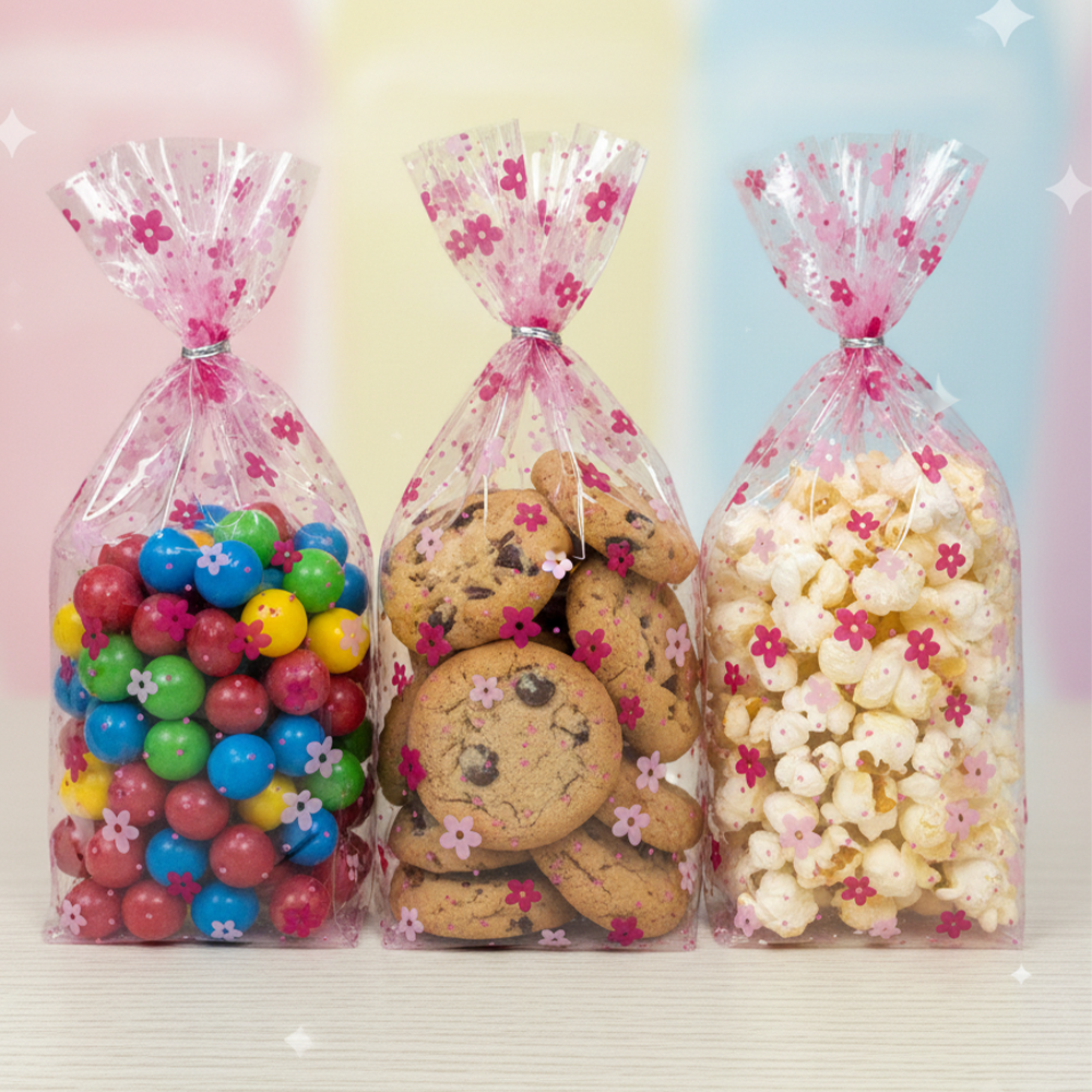 100pcs of 10cm x 10cm Printed Transparent Resealable Cellophane Bags – Self-Sealing Cookie Gift Bags for Candy, Party Favors & Bakery Packaging