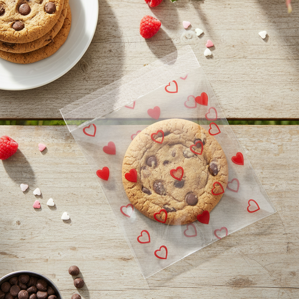 100pcs of 10cm x 10cm Printed Transparent Resealable Cellophane Bags – Self-Sealing Cookie Gift Bags for Candy, Party Favors & Bakery Packaging