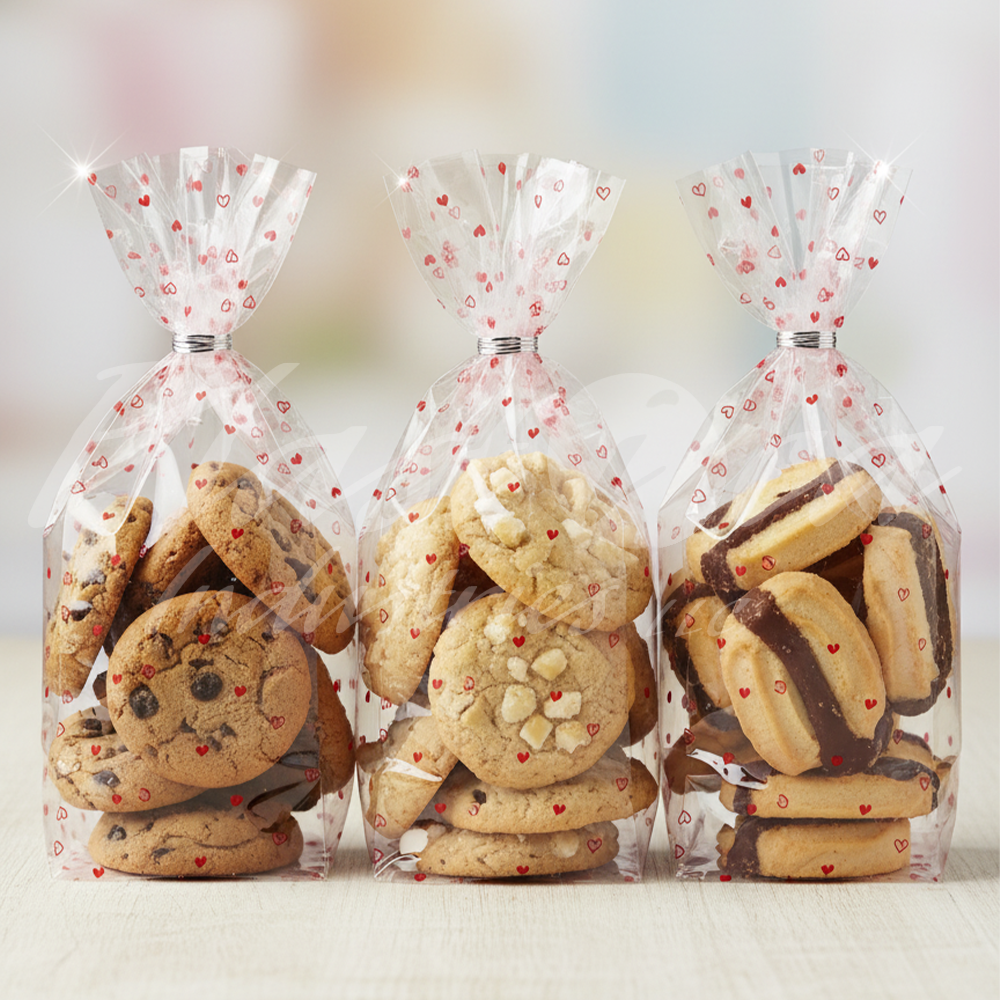 100pcs of 10cm x 10cm Printed Transparent Resealable Cellophane Bags – Self-Sealing Cookie Gift Bags for Candy, Party Favors & Bakery Packaging
