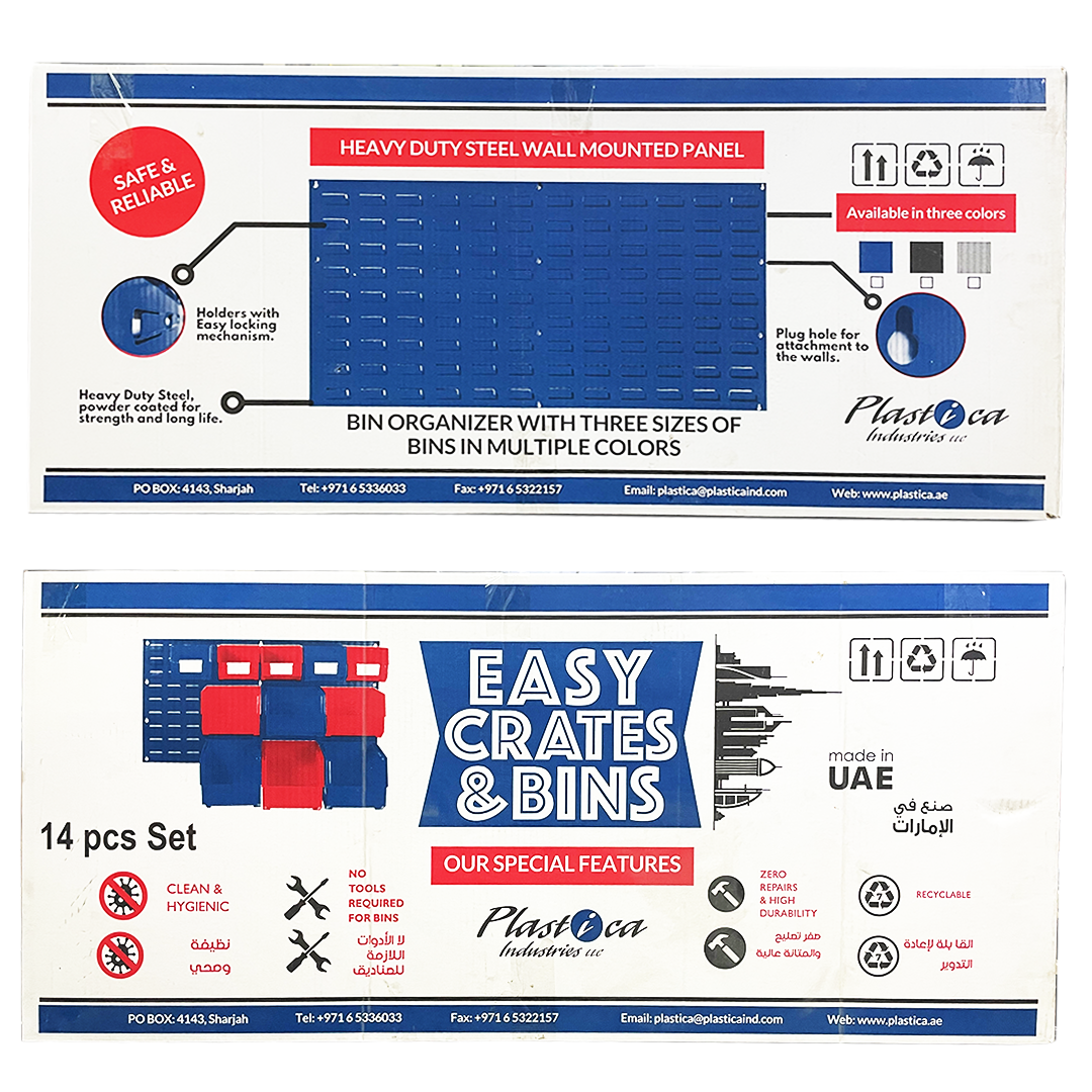 14PCS Plastic Bin Organizer Set – Wall Mount Storage Rack for Screws, Tools, Parts, Hardware – 2.85L, 6.7L, 8.7L Storage Boxes for Garage, Workshop, Home Organization