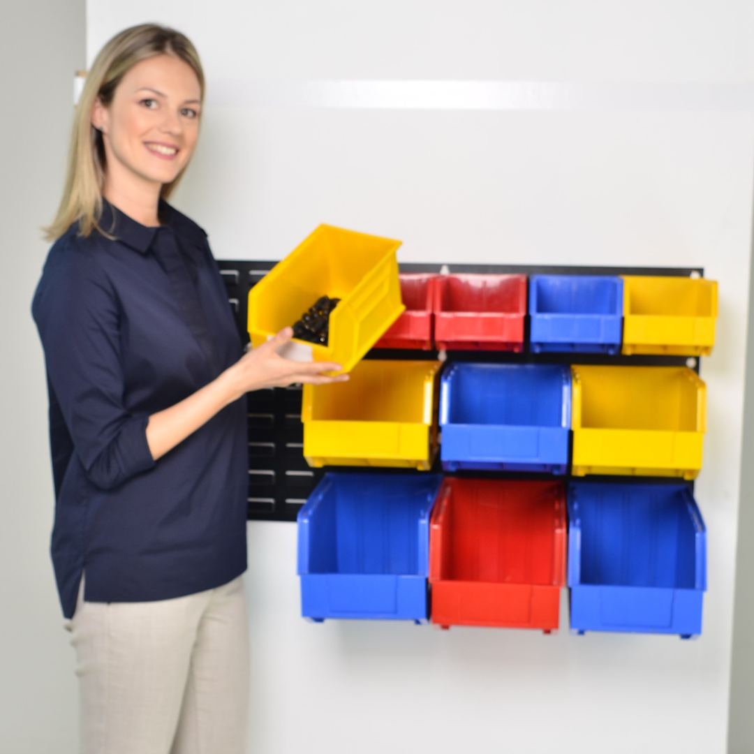 14PCS Plastic Bin Organizer Set – Wall Mount Storage Rack for Screws, Tools, Parts, Hardware – 2.85L, 6.7L, 8.7L Storage Boxes for Garage, Workshop, Home Organization