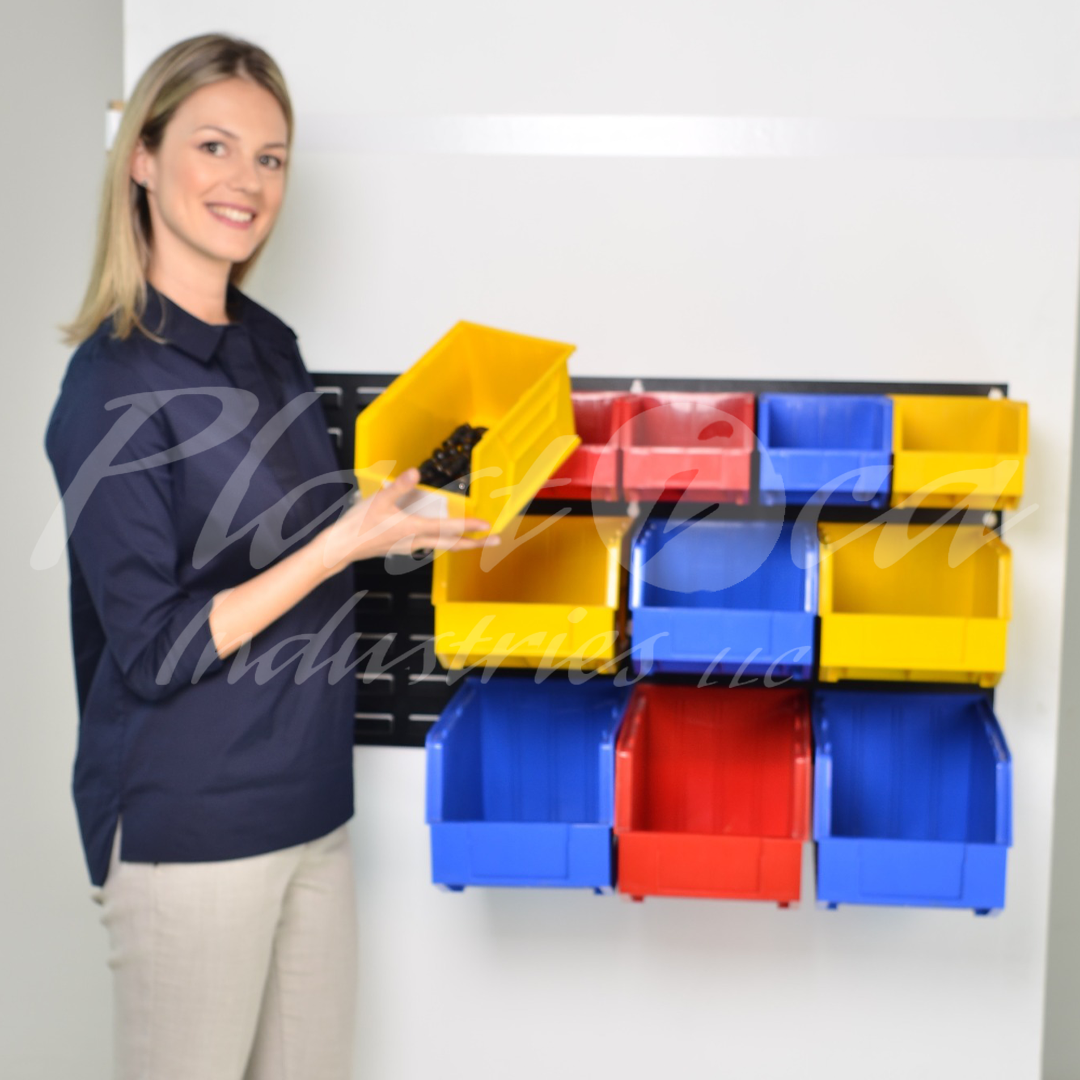 14PCS Garage Wall Storage Bin Set – Plastic Organizer Rack with 2.85L, 6.7L & 8.7L Bins for Tools & Parts
