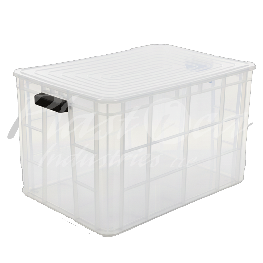 Plastic Heavy Duty Storage Crate Bin with Lid & Handles for easy lifting 600x400x350mm Stackable Food Grade Crate - Clear to check content