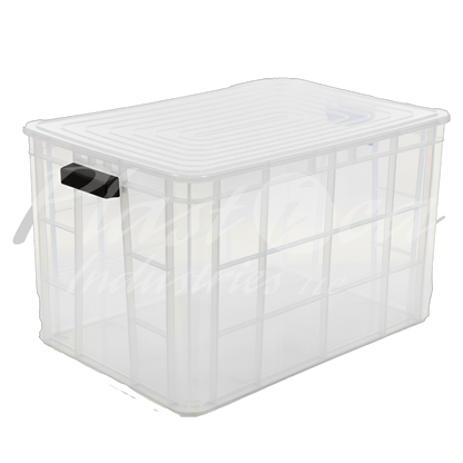 Plastic Heavy Duty Storage Crate Bin with Lid & Handles for easy lifting 600x400x350mm Stackable Food Grade Crate - Clear to check content