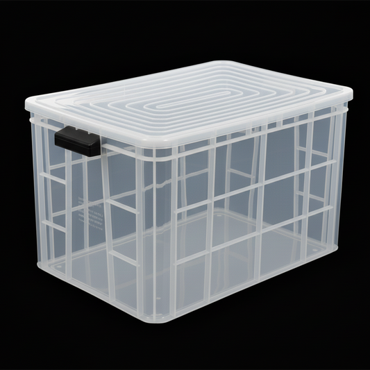 Plastic Heavy Duty Storage Crate Bin with Lid & Handles for easy lifting 600x400x350mm Stackable Food Grade Crate - Clear to check content