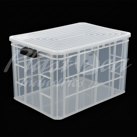 Plastic Heavy Duty Storage Crate Bin with Lid & Handles for easy lifting 600x400x350mm Stackable Food Grade Crate - Clear to check content