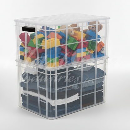 Plastic Heavy Duty Storage Crate Bin with Lid & Handles for easy lifting 600x400x350mm Stackable Food Grade Crate - Clear to check content