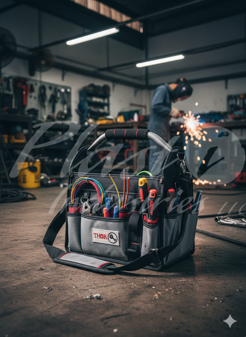 12 Inch Heavy Duty Tool Bag – Open Top Electrician Tool Bag with 13 Exterior Pockets, Steel Handle, Removable Shoulder Strap & Divider System