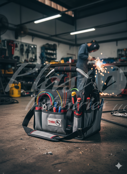 12 Inch Heavy Duty Tool Bag – Open Top Electrician Tool Bag with 13 Exterior Pockets, Steel Handle, Removable Shoulder Strap & Divider System