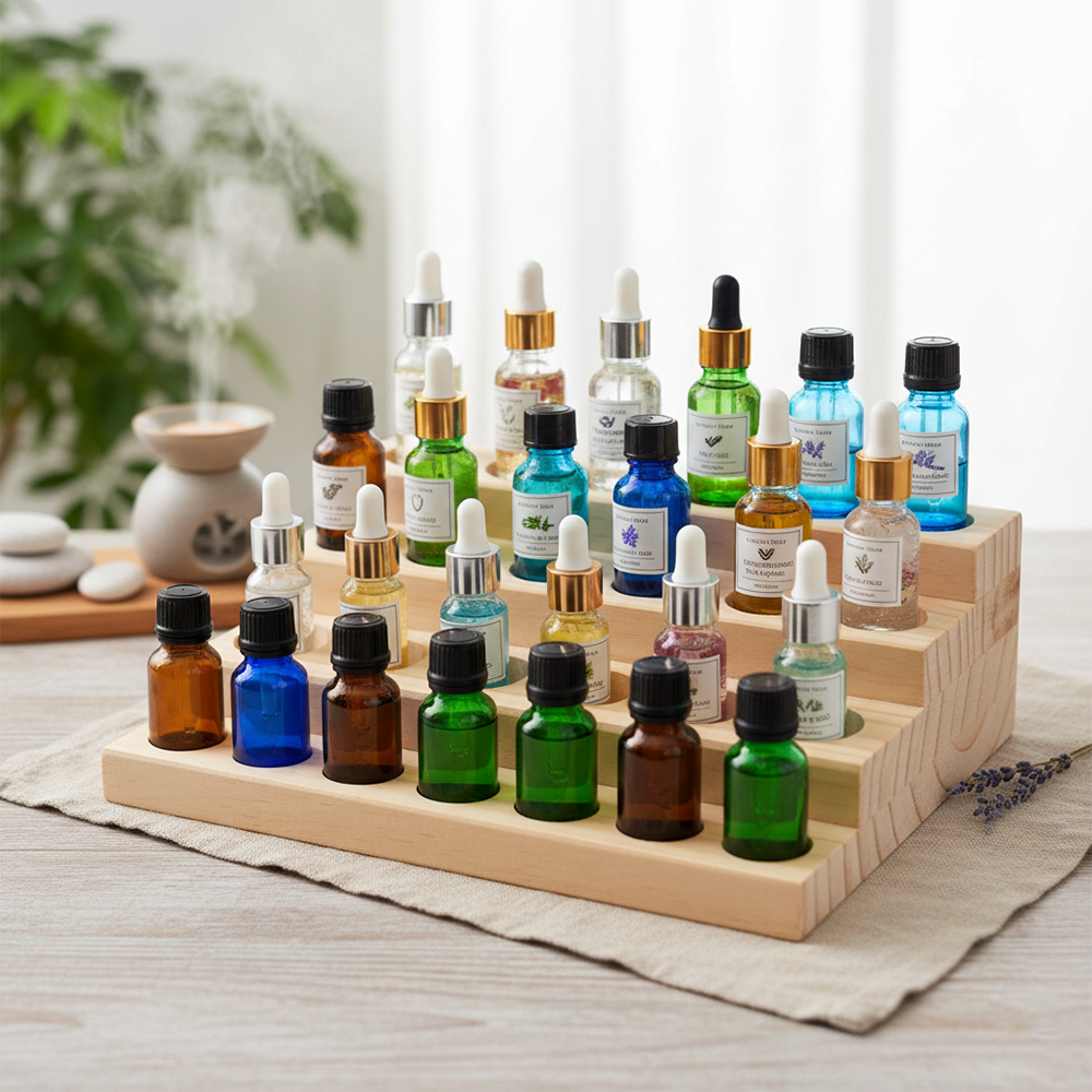 Wooden Spa Product Display Stand | Essential Oil & Liquid Bottle Organizer | Spa & Salon Counter Display
