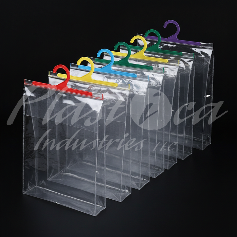 T-Shirt & Shirt Packing Bags with Hanging Hook – Plastic Garment Cover Bags, Hanger Type Apparel Packaging, Custom Sizes & Designs