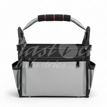 12 Inch Heavy Duty Tool Bag – Open Top Electrician Tool Bag with 13 Exterior Pockets, Steel Handle, Removable Shoulder Strap & Divider System