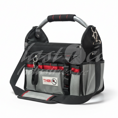 12 Inch Heavy Duty Tool Bag – Open Top Electrician Tool Bag with 13 Exterior Pockets, Steel Handle, Removable Shoulder Strap & Divider System