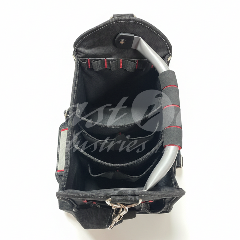 12 Inch Heavy Duty Tool Bag – Open Top Electrician Tool Bag with 13 Exterior Pockets, Steel Handle, Removable Shoulder Strap & Divider System