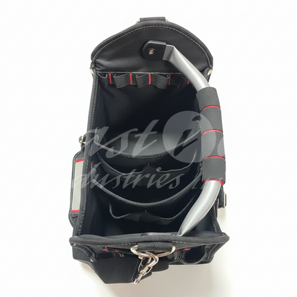 12 Inch Heavy Duty Tool Bag – Open Top Electrician Tool Bag with 13 Exterior Pockets, Steel Handle, Removable Shoulder Strap & Divider System